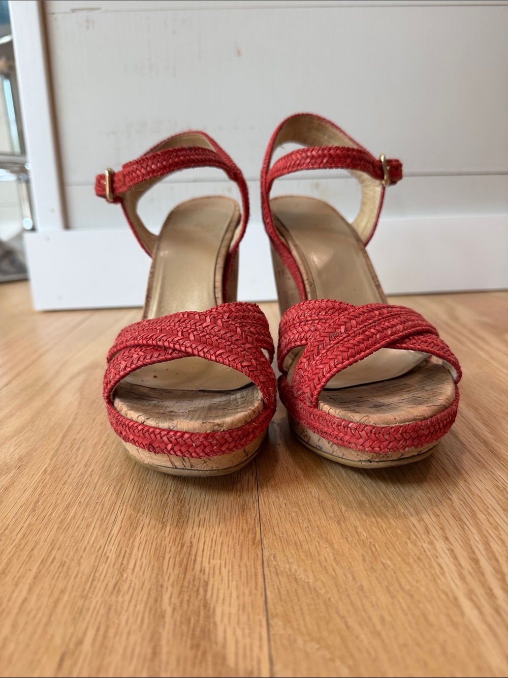 Stuart Weitzman Red Woven Cork Wedge Sandals - Picture 4 of 9